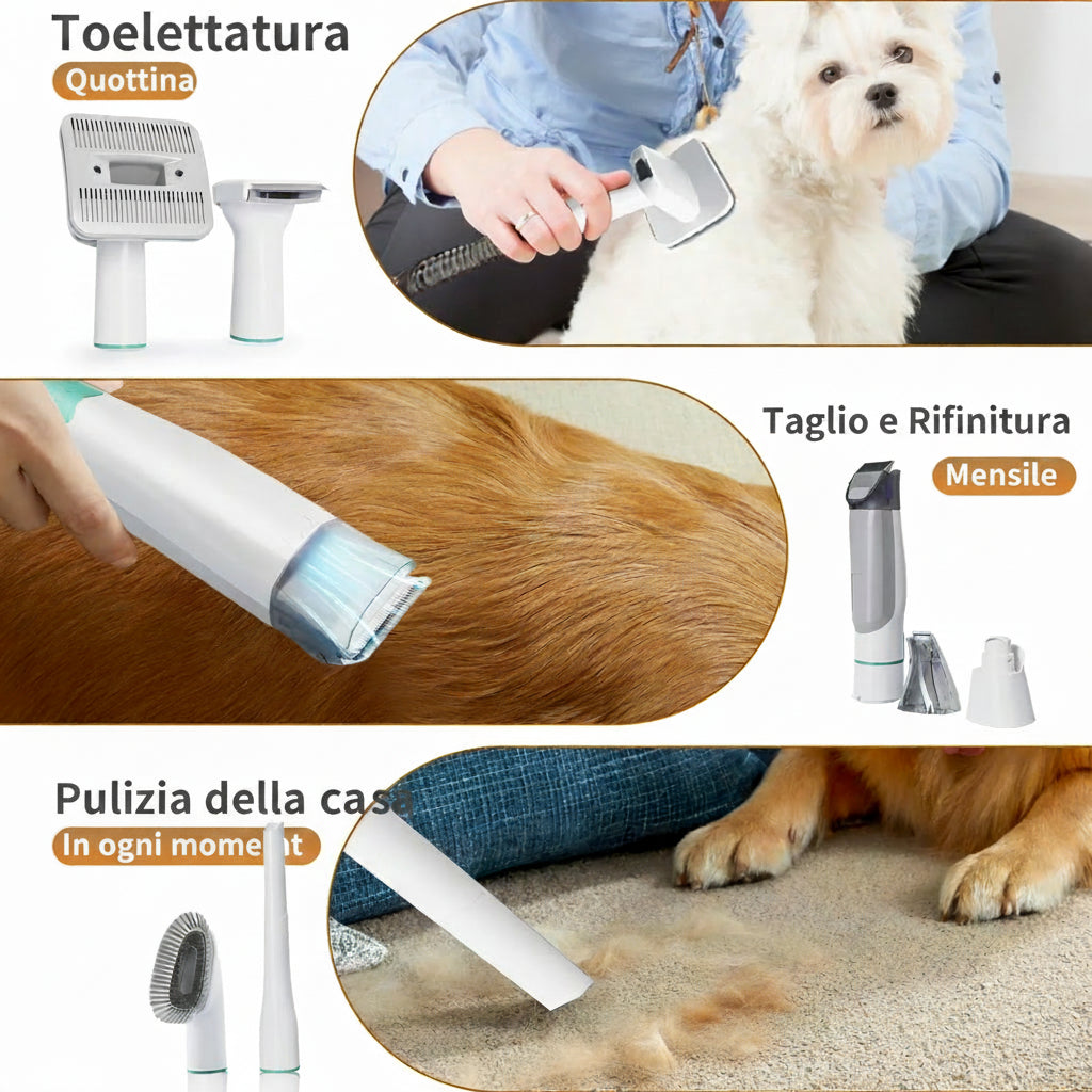 Set Toelettatura 7-in-1 con Aspiratore per Animali Zampamondo