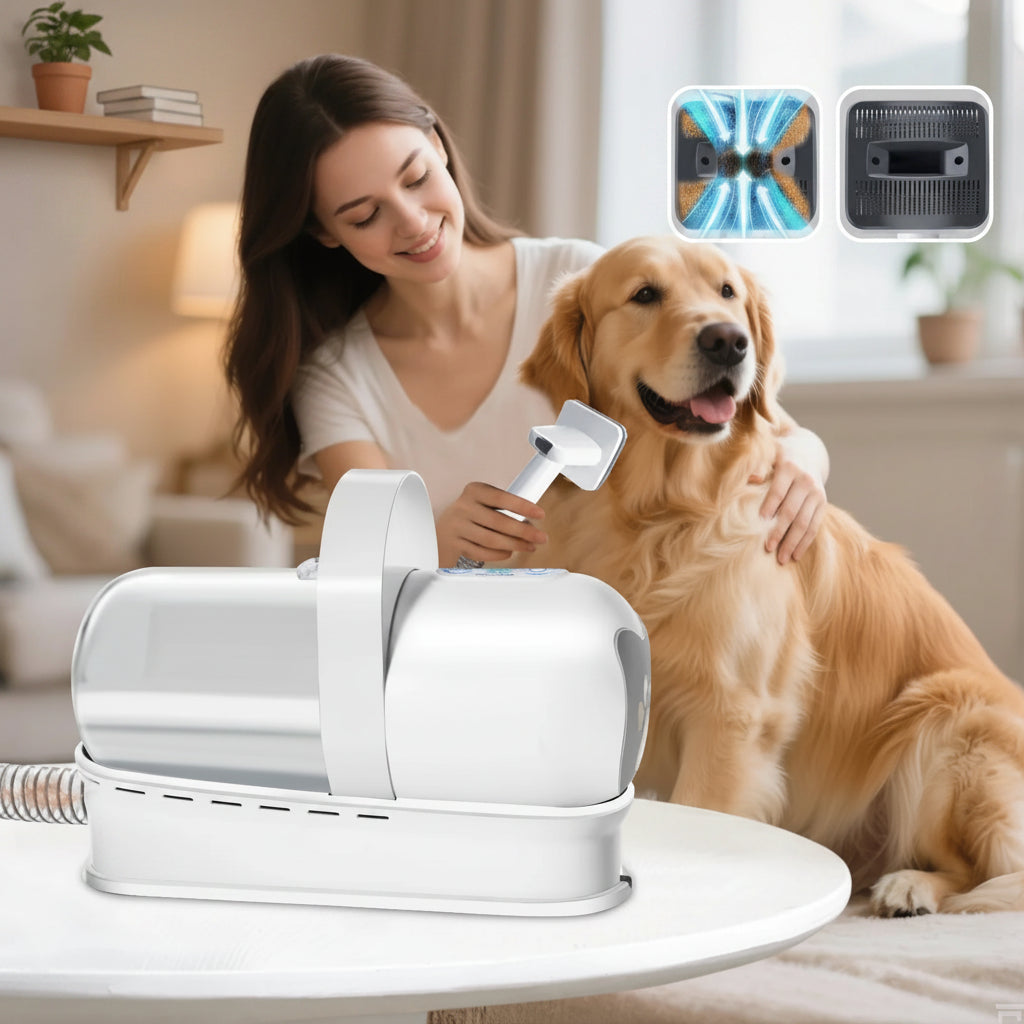 Donna che spazzola un golden retriever felice usando l'aspiratore per toelettatura Zampamondo